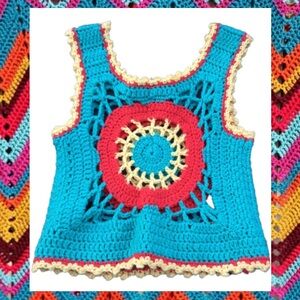 Vintage 70s Handmade Crochet Tank Vest Top Blue Yellow Red. Kids 4 5